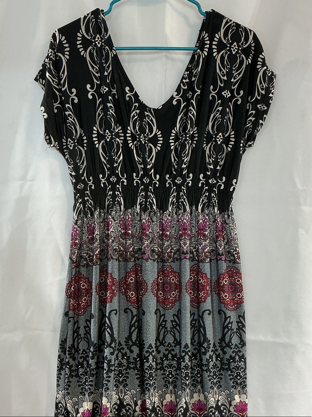 SHEIN Black, Gray & Pink Printed V-Neck Smocked-Waist Midi Dress
